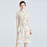 Womens Silk Shirt Dress with Button Front Drawstring Waist Floral Silk Dress
